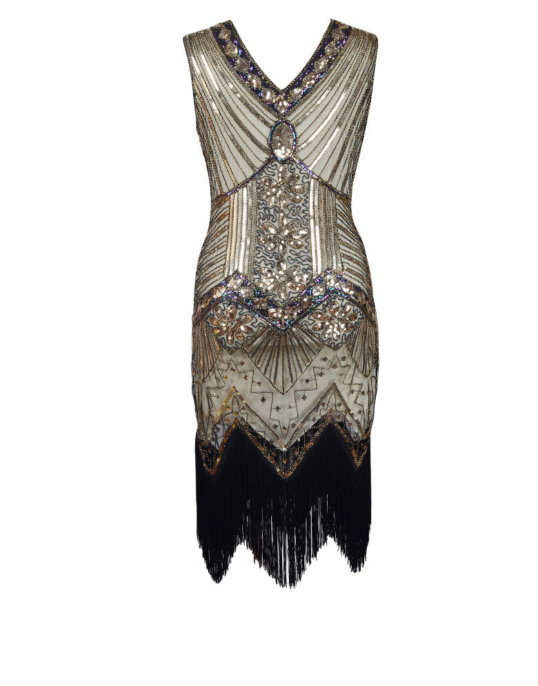 Hot selling new retro style sequined beaded dress front and back V-neck fashion fringe dress