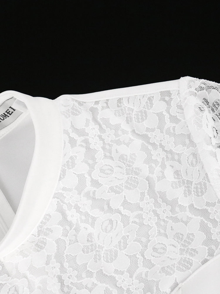 AOMEI White Bodycon Lace Dress Women High Neck See Through Deep V Long Sleeve Elegant Midi Robes Party Evening Wedding Event New