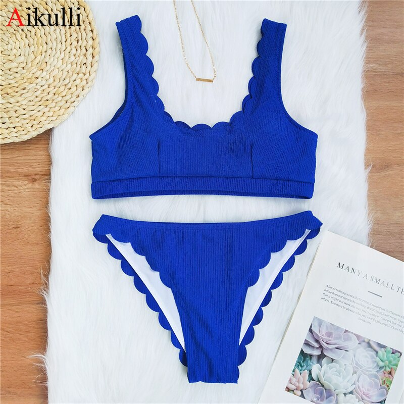 Solid Bikinis Push Up Swimwear Women 2021 Summer' Swimsuits Blue Scalloped Bathing Suit Female  Biquini  Set Bathers