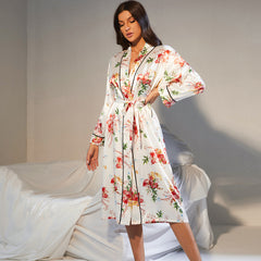 New plus size lace nightgown home leisure simulation silk cardigan bathrobe fashion mid-length sexy home wear
