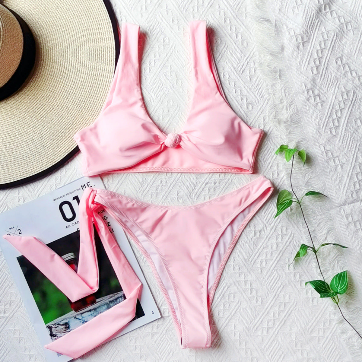 Ladies Solid Color Bandage Split Swimsuit Sexy Bikini