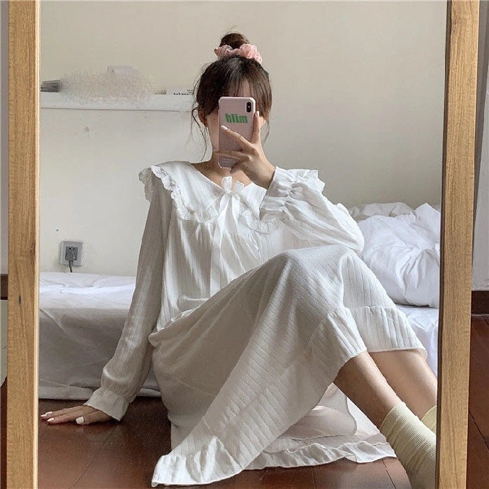 Long-sleeved nightdress over the knee  wind pajamas female spring and autumn  court doll collar Korean  style home service