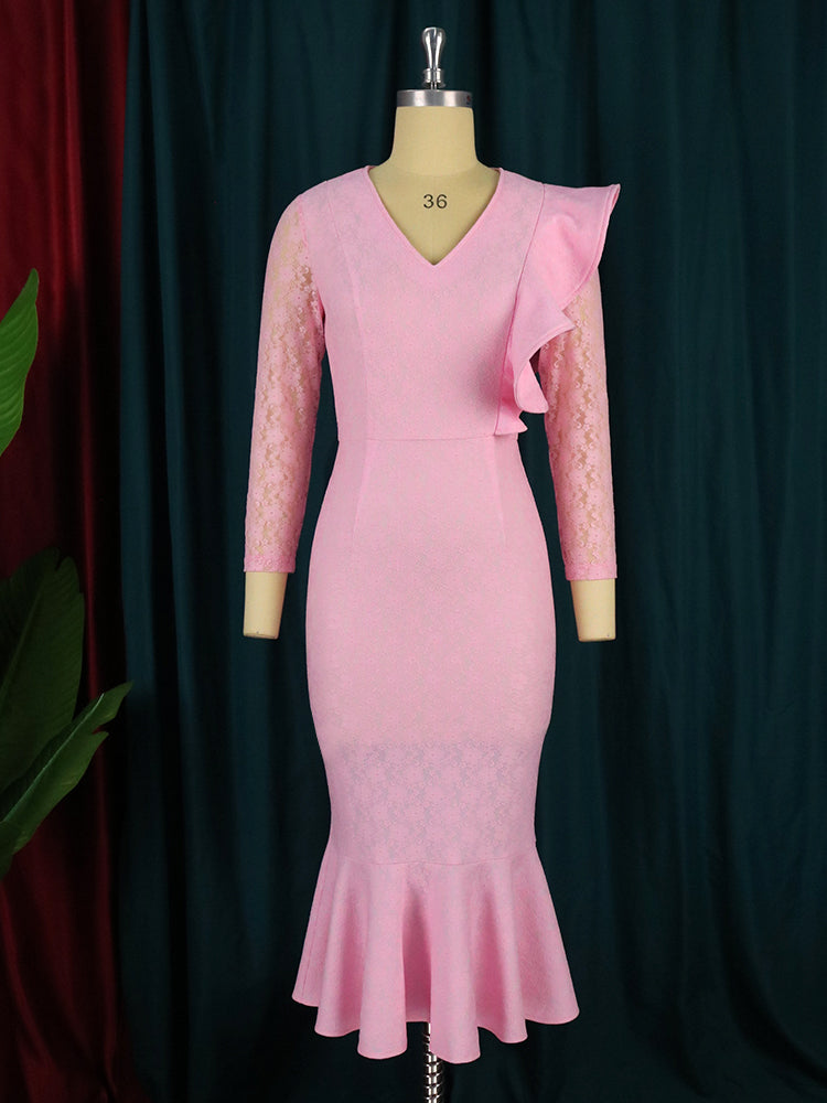 AOMEI Women Pink Lace Dress Ruffle Midi Mermaid Long Sleeve African Ladies Party Birthday Bodycon Large Size Formal Event Gowns