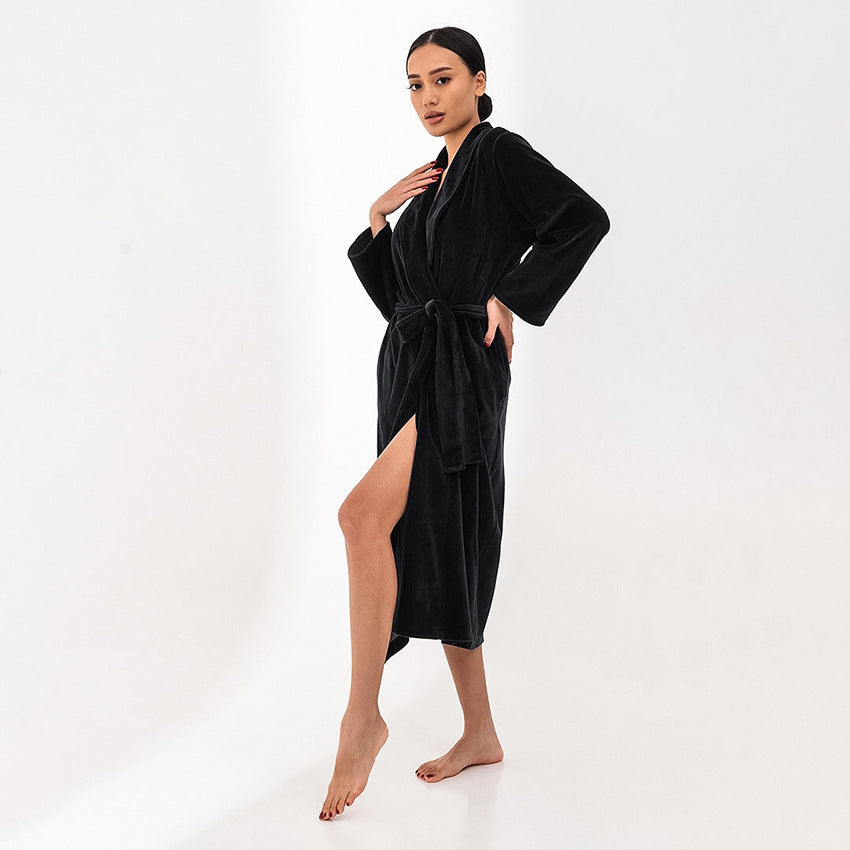 Autumn velvet long nightgown warm and comfortable black bathrobe  morning gown fashionable women's home clothes