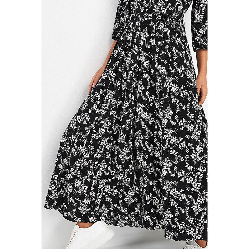 فستان ماكسي كلاسيكي بطبعة زهور للنساء بوهو بأكمام ثلاثة أرباع فستان طويل وشاحات وياقة مقلوبة فساتين غير رسمية رداء
