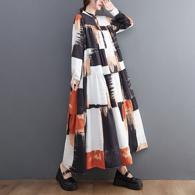 European Trendy Plus Size Women's Clothing 2023 Autumn    Printed Shirt Skirt Spliced Mid-Length Dress Long