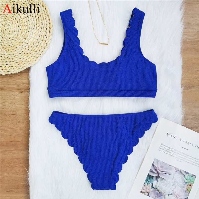 Solid Bikinis Push Up Swimwear Women 2021 Summer' Swimsuits Blue Scalloped Bathing Suit Female  Biquini  Set Bathers