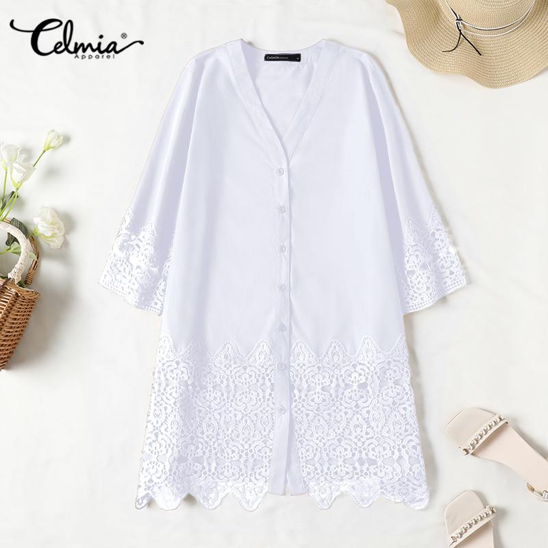 Celmia Elegant Dresses For Women 2022 Solid V Neck Long Sleeve Spliced Lace A-Line Vestidos Bohemian Party Casual Summer Plus Size Short Dresses