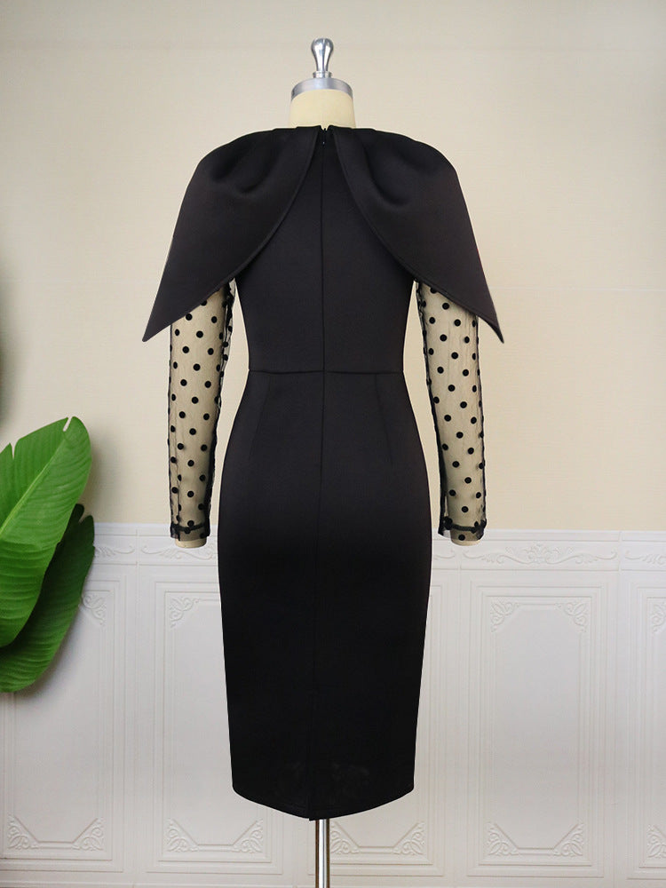 Women Black Dress Bodycon Slim Elegant V Neck Patchwork Mesh Sleeves High Waist Office Ladies Classy Female Gowns Vintage Robes