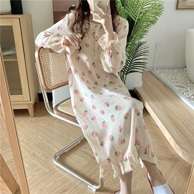 Cute Long Sleeve Nightgowns Women Sleepshirts Ruffle Tender Strawberry Print A-line Nightdress Girls Midi Autumn Sweet Sleepwear