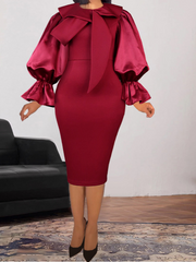 Women Long Sleeve Bodycon Dress with Bow Collar Slim Sheath Elegant Classy Office Ladies Date Out Event Large Size Female Gowns