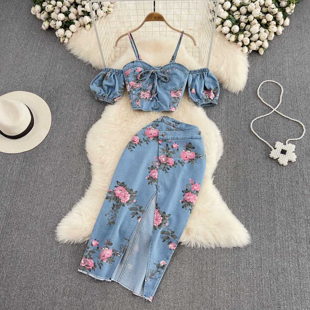 Denim fashion suit female hot girl chic suspender top two-piece  waist irregular slit skirt summer