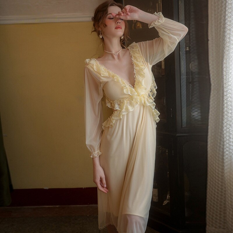Women Sexy Nightdress Mesh Perspective Romantic Sweet Nightgowns Femme Deep V Backless Long Sleeves Sleepwear Nighty For Ladies
