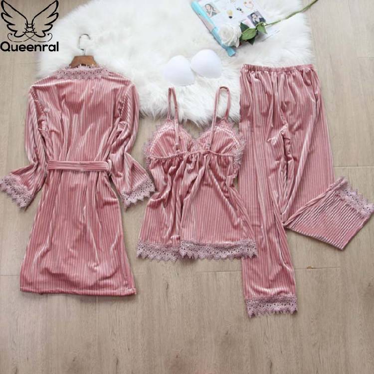 Queenral 3pcs Gold Velvet Pajamas Set For Women Warm Pyjama Lace Pajamas Winter Sleepwear Nightdress Homewear Pijamas