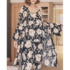طقم ملابس منزلية للسيدات يابانيات مكون من ثلاث قطع حزام طباعة نباتي غير رسمي + بنطلون + طقم بيجامة للسيدات ثوب نوم