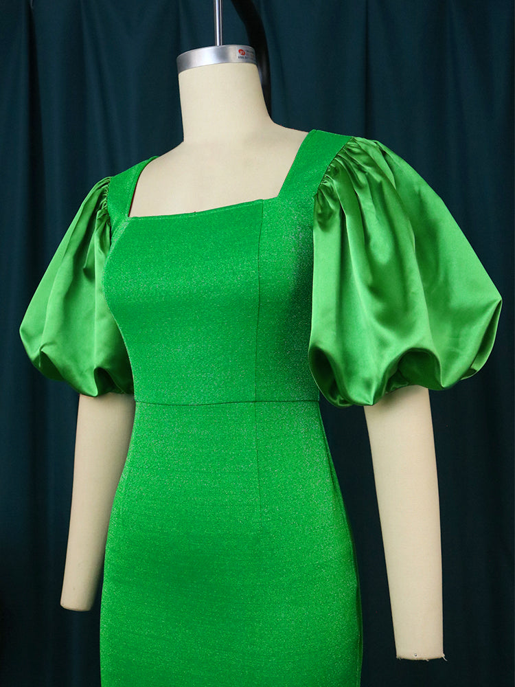 AOMEI Green Dress Bodycon Patchwork Mesh Party Mermaid Women Slim Short Lantern Sleeve Square Collar Elegant High Waist Event