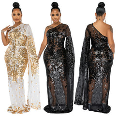 Europe and the United States Amazon's new 21495 embroidered sequin mesh slanted shoulder sexy evening dress women's dress