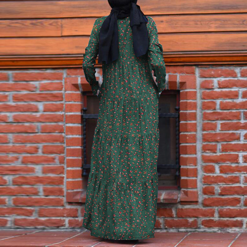 ZANZEA Women's Muslim Arabian Floral Printed Dress Simple Temperament Round Neck Long Sleeve Back  Side Pockets  Casual Dress Large Size Without Headscarf