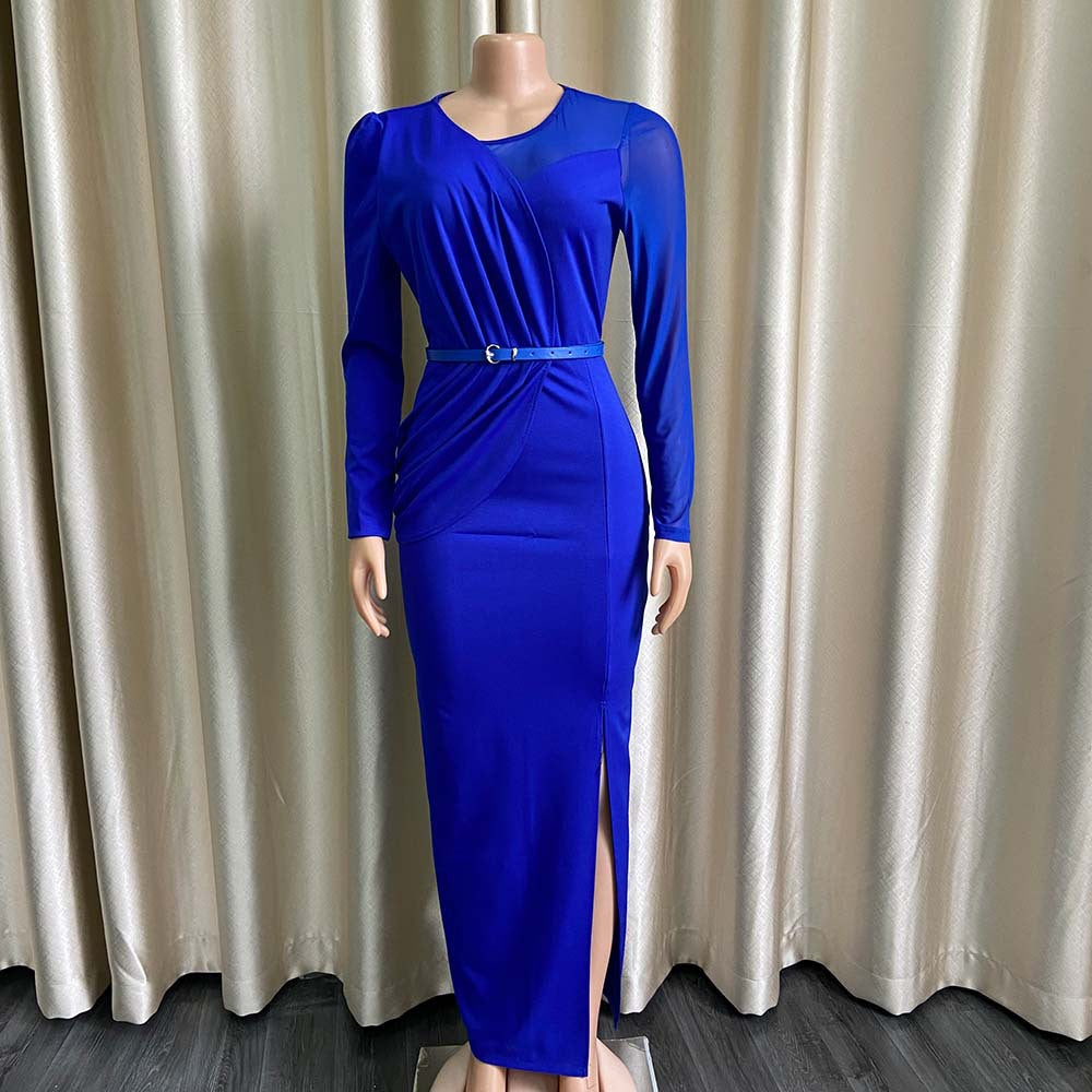 See Through Long Sleeve Tulle Ruffle Slit Long Maxi Dresse 2022 Summer Evening Party Dress Women Irregular Slim Bodycon Dress