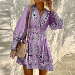 V-neck loose printed boho dress