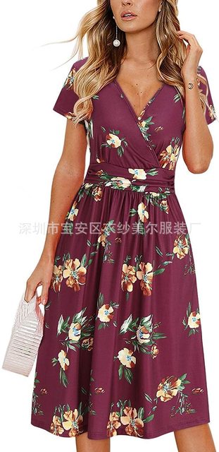 Women's Flower Print Boho Party Dress Summer V Neck Short Sleeve Mini Tank Top