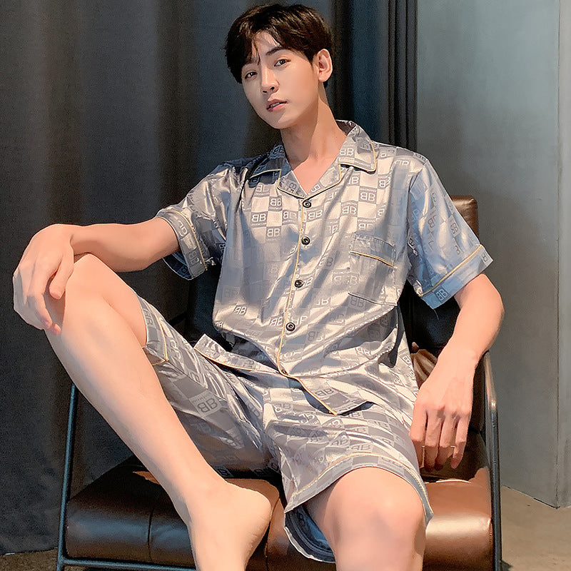 Pajamas men's summer short sleeved ice silk thin men's  silk home clothing set