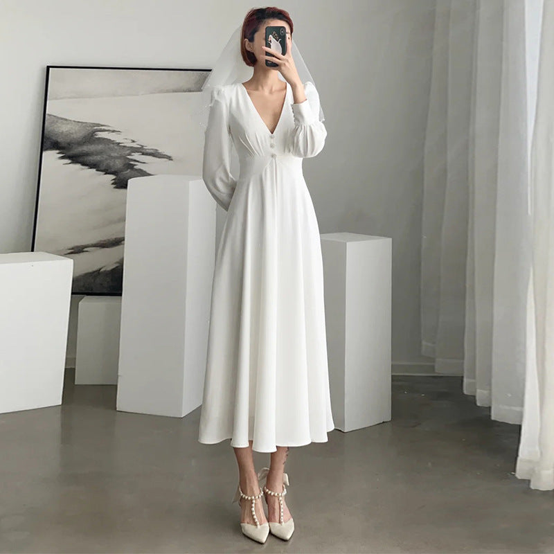 French light wedding dress new autumn long-sleeved  temperament catwalk evening dress photo studio photography dress travel photo light wedding d