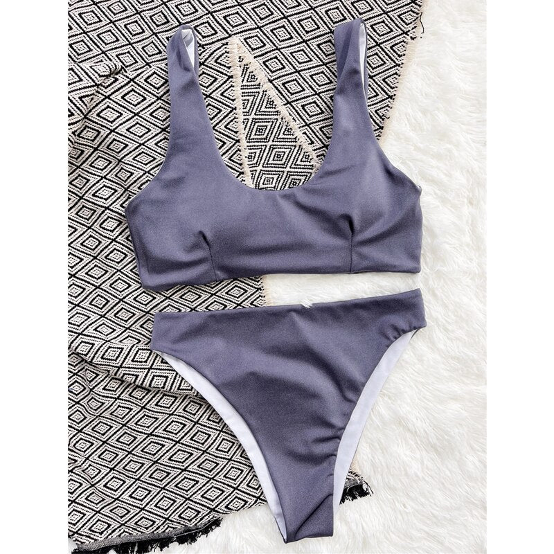 New Grey Bikinis Swimsuits Women's Two Piece Swimwear 2022 Summer Beach Swimming  Sets Push Up Female Sports Bathing Suits