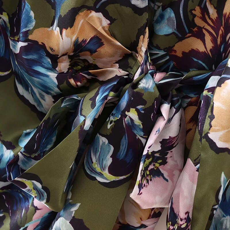 المرأة بوهو نمط الأزهار طباعة فستان قصير عادية بدوره إلى أسفل طوق فانوس فستان بكم طويل الإناث الجانب القوس تعادل فساتين 