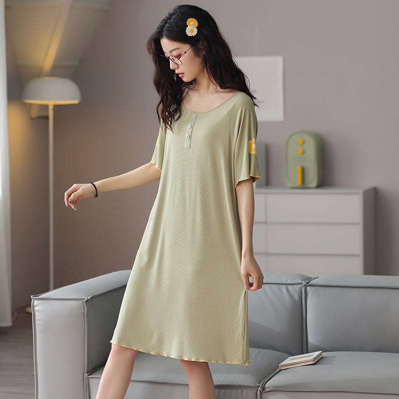 Summer  nightdress women's round neck short-sleeved cute home service women's cotton thin mid-length skirt beautiful back ladies pajamas dress