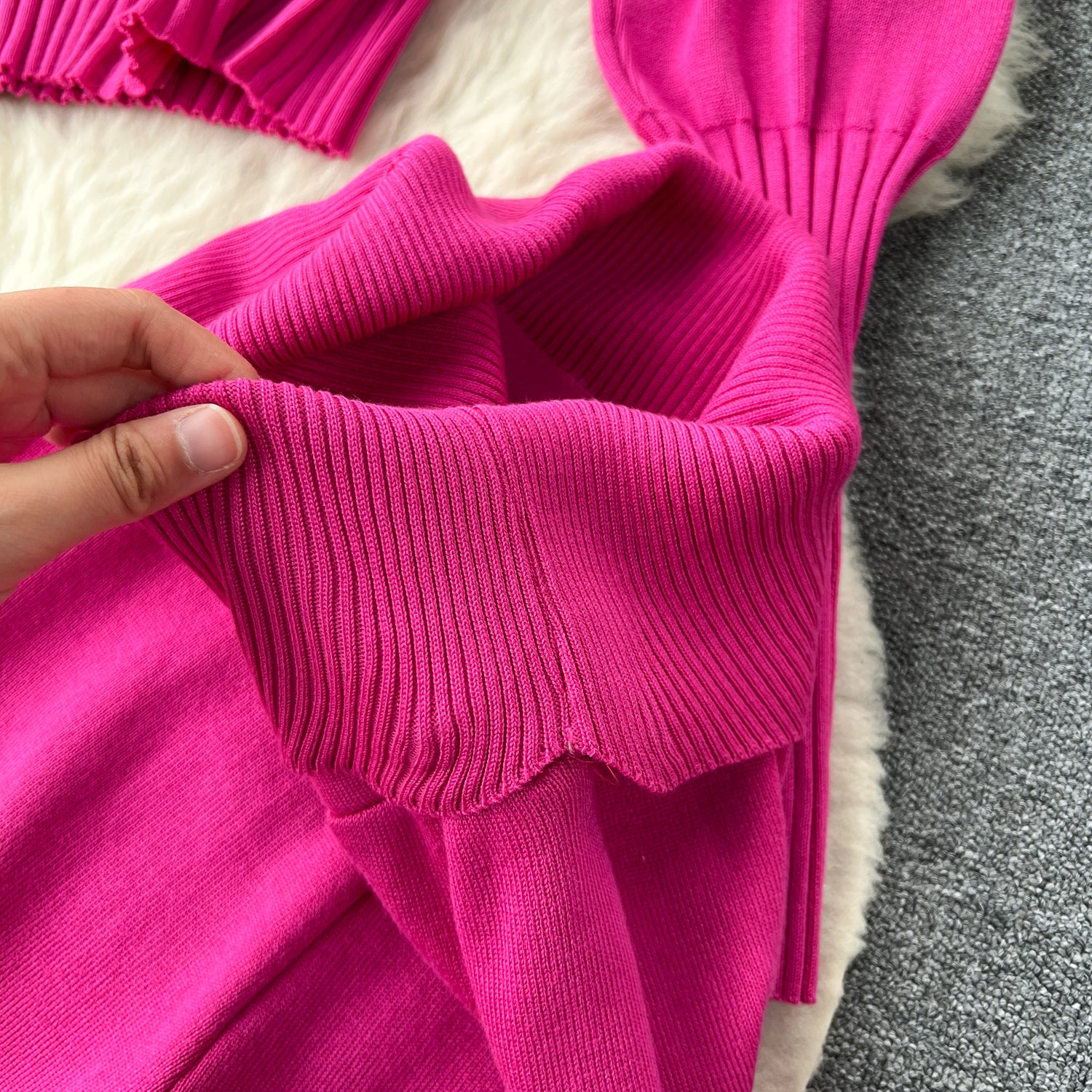 Autumn and winter European and American style minimalist solid color  hooded top +  waisted  trousers casual two-piece set