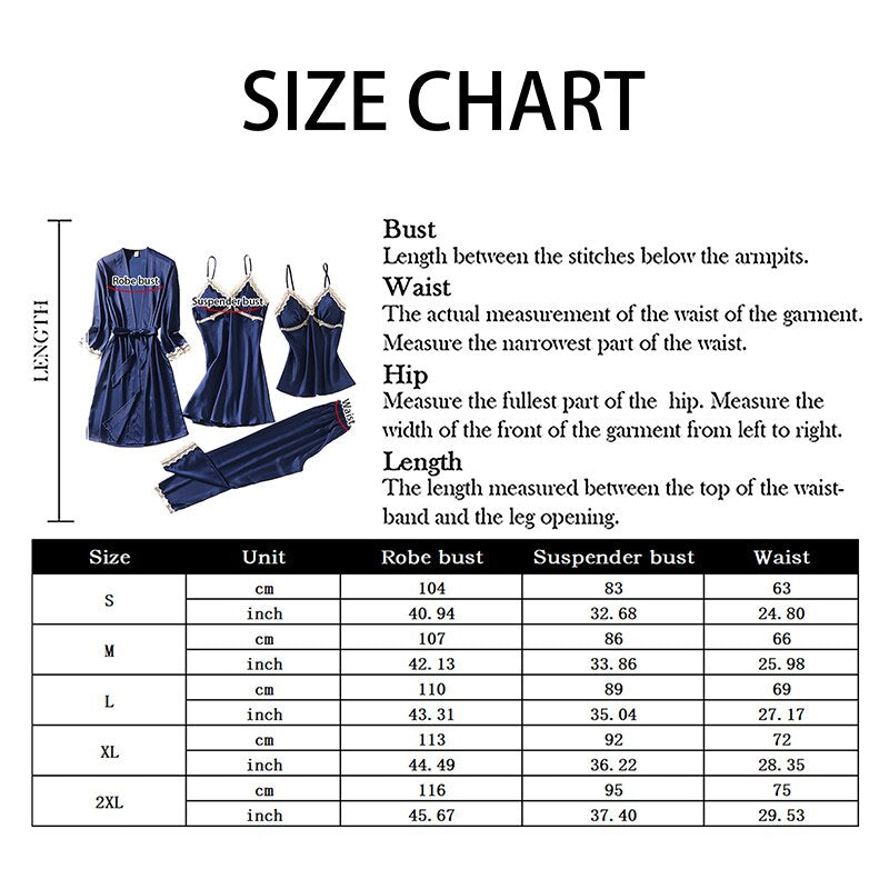 4pc  Silk Robe Sleep Suit Women'S Lace Chiffon Satin Pajamas Gown Set V-Neck Night Wear Pajama Home Nightwear Nightdress