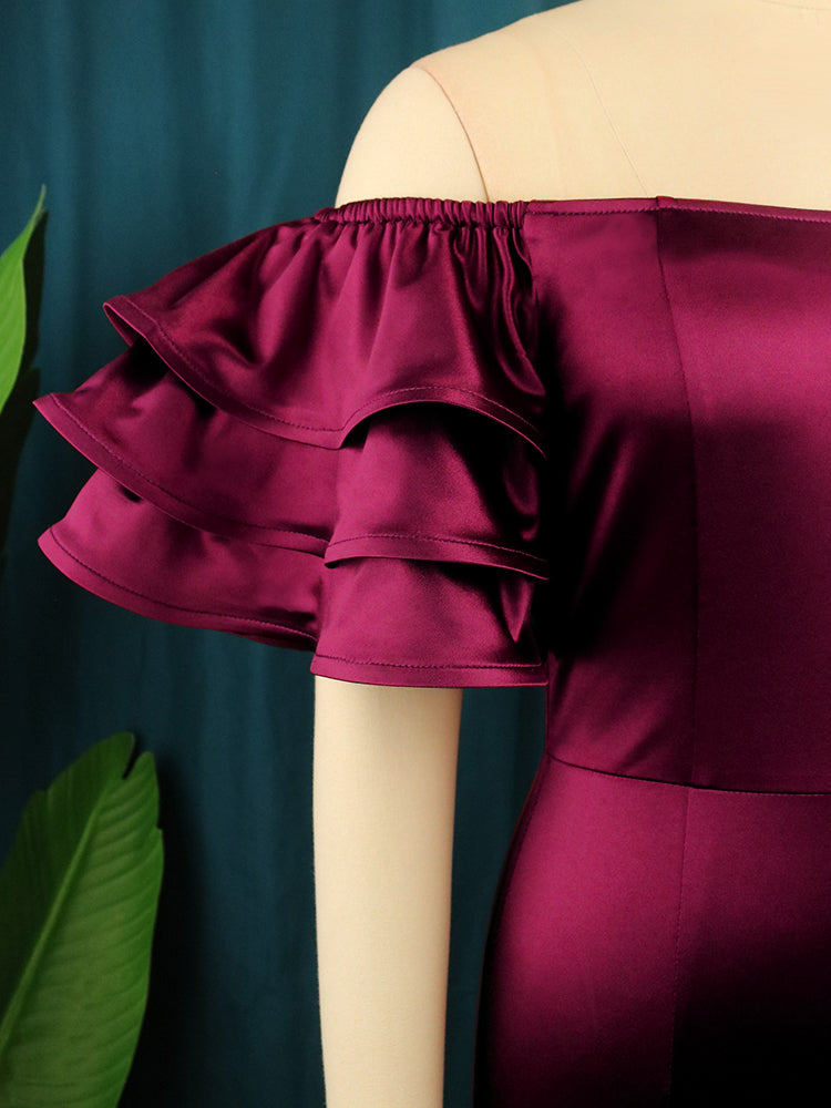 AOMEI Shiny Satin Party Dress Women Off Shoulder Summer Slash Neck Ruffles Sleeves Robes Femmes Sexy Bodycon Clubwear Event