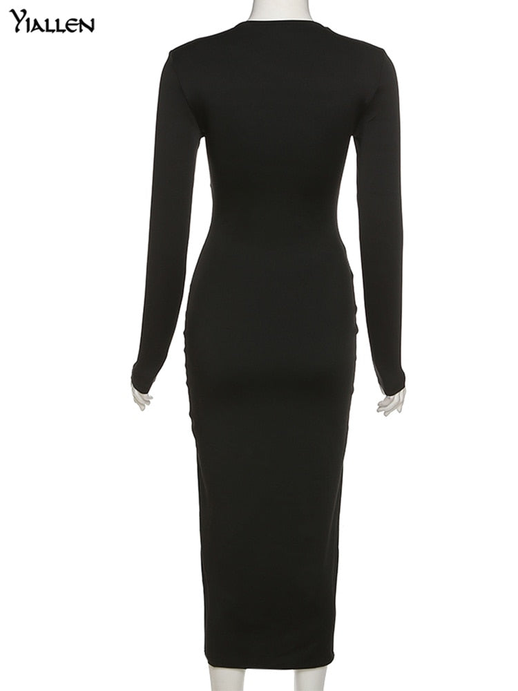 Autumn Crossed Cleavage Maxi Dress Women Concise Side Spilt Elegant  Lady High Street Bodycon Slim Robe Skirt