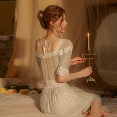 Women Retro Short-sleeved Nightdress Sweet Mesh Lace Long Nightgowns Girls Sexy Lingerie European Court Style Sleepwear Dress