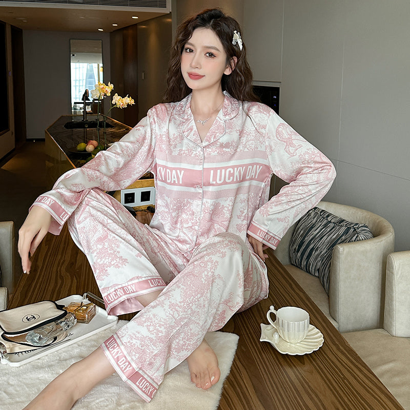 Pajamas women's double long open chest positioning flower   ice and snow silk fashion home clothes set
