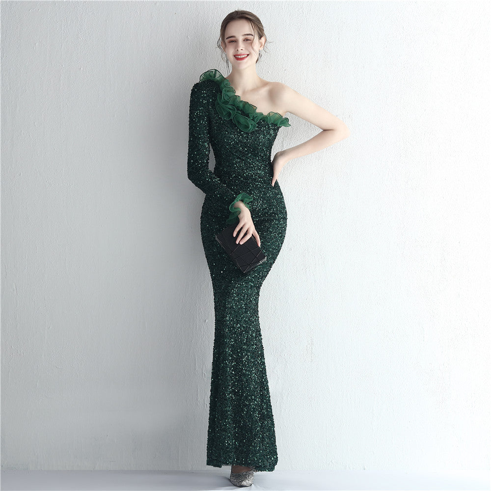 Hot selling handmade sequins craft yarn ladies banquet temperament one shoulder long sleeves long sequins aura queen fishtail