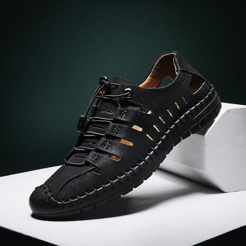 Dad shoes sandals leather shoes men's leather shoes black waterproof shoes summer hollow leather shoes men's casual outdoor hiking sandals