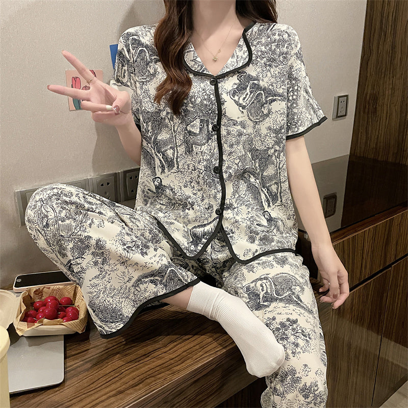 Summer new ink painting ice silk pajamas women's short-sleeved trousers  silk home service suit