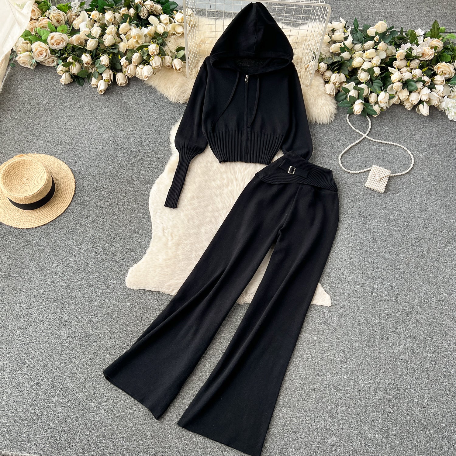 Autumn and winter European and American style minimalist solid color  hooded top +  waisted  trousers casual two-piece set