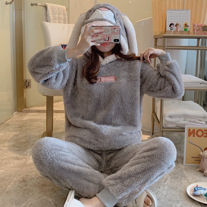 Winter cut flower velvet coral velvet thickened warm long-sleeved pajamas women's plus velvet women's homewear suit