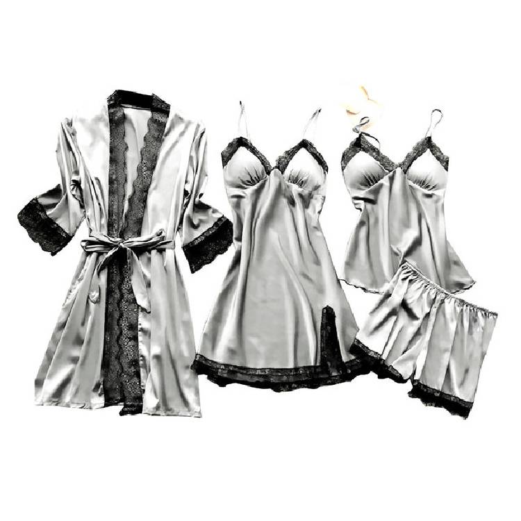 Lace Up Lingerie Pajamas Set Nightdress Women Long Silk Dressing Gown Bath Robe Sleep Wear Four piece Suit Sleepwear