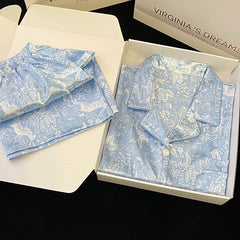 Tie-dyed blue summer pajamas women's short-sleeved home clothes thin section  silk suit