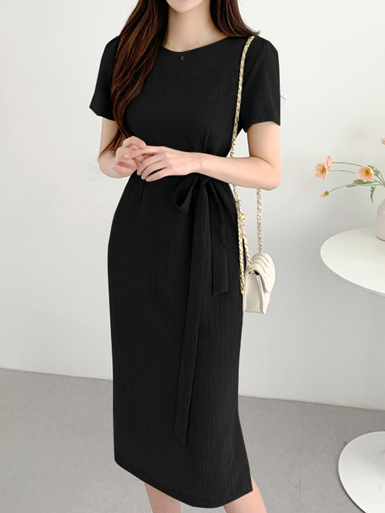 ZAZNEA Causal Loose Dress Ladies Elegant Work Vestido Women Summer Short Sleeeve Solid Sundress Fashion Loose Lace Up Dresses