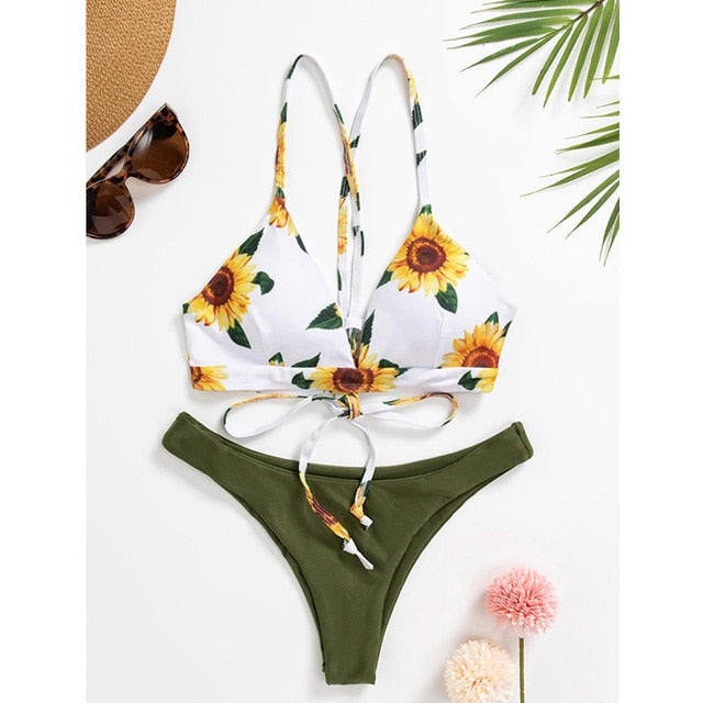 Sunflower Printed Bikini Set Sexy Swimwear Women Mujer Push Up Padded Biquini Bathers Bandage Bathing Suit Swimsuit Bikini