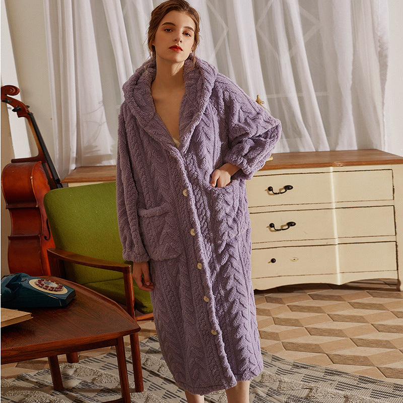 Pajamas women's new style flannel thickened long jacquard Shu cotton velvet large size hooded pocket home wear manufacturer