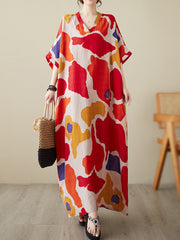 Women's Summer V-neck Thin Cotton Linen Dress Large Size  Literary Vacation Style Beach Skirt Retro Covering Meat Long Robe