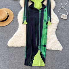 European and American hot girl style printed dress women's summer tulle long-sleeved design sense niche unique tight-fitting  desire long skirt