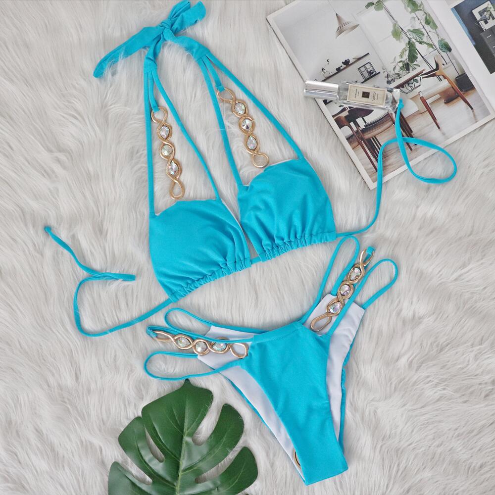 New Sexy Removable Chest Pad Bikini Crystal Diamond Swimsuit Bandage Hollow High Waist Split Swimsuit