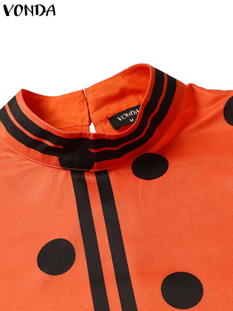 فساتين VONDA Women Boho Vintage Wave Point المطبوعة بطول الكاحل Sping الخريف غير رسمية فضفاضة وياقة واقفة وأكمام طويلة